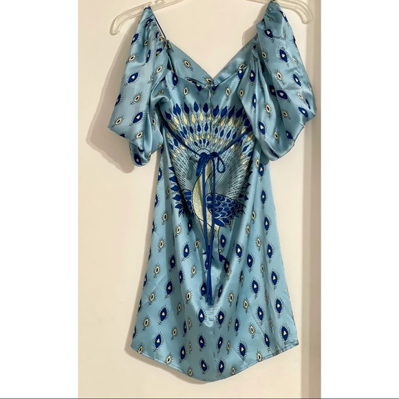 Voom by Joy Han Blue Bubble Sleeve Peackock Dress - Picture 2 of 3